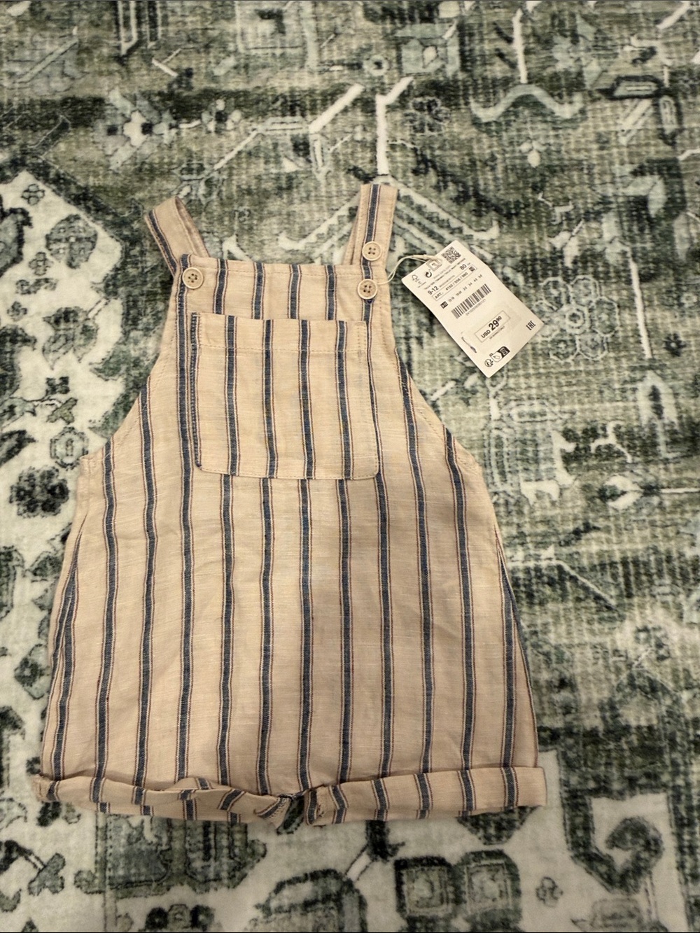 Zara Beige and Navy Striped Linen-Blend Short Overalls baby
